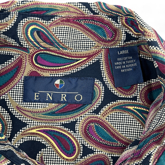 Vintage Enro Shirt Adult LARGE Purple Blue Paisley Check Psychedelic 90s - Picture 6 of 8
